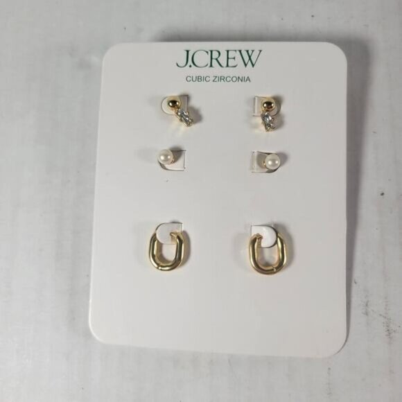 J.Crew Pearly Classic Dainty Feminine Cubic Zirconia Hoop Set of 3 Earrings - Picture 1 of 2
